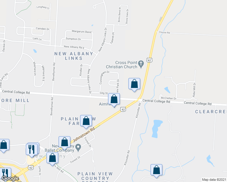 map of restaurants, bars, coffee shops, grocery stores, and more near 8950 Gilg Street in New Albany
