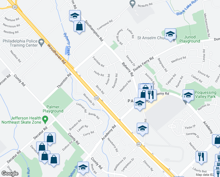 map of restaurants, bars, coffee shops, grocery stores, and more near 12134 Rambler Road in Philadelphia