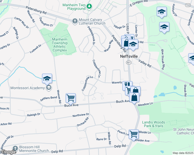 map of restaurants, bars, coffee shops, grocery stores, and more near 1218 Cobblestone Lane in Lancaster