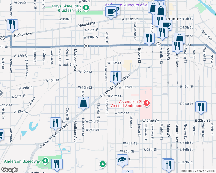 map of restaurants, bars, coffee shops, grocery stores, and more near 1809 Fairview Street in Anderson