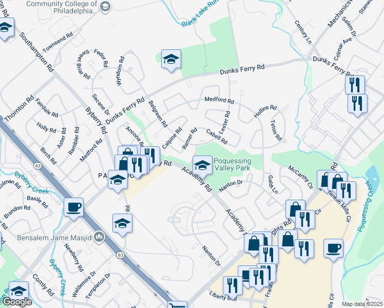map of restaurants, bars, coffee shops, grocery stores, and more near 12518 Torrey Road in Philadelphia