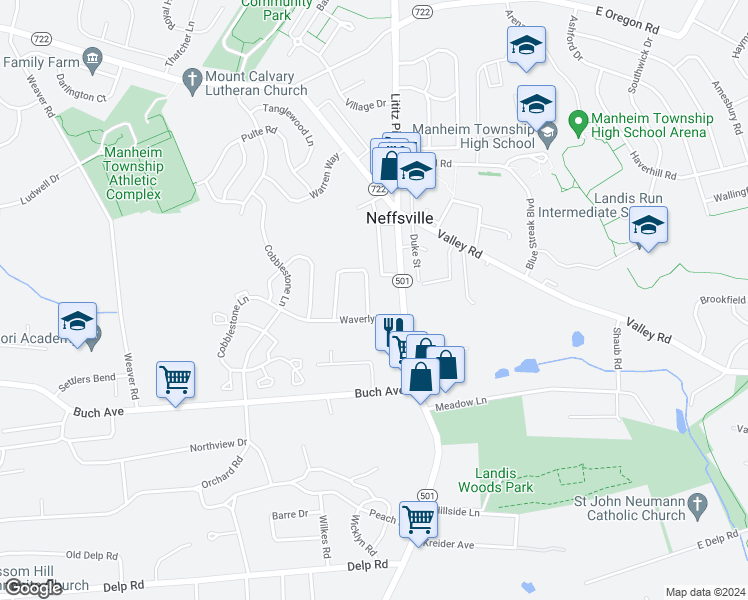 map of restaurants, bars, coffee shops, grocery stores, and more near 2609 Sutton Place in Lancaster