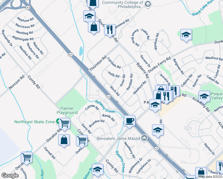 map of restaurants, bars, coffee shops, grocery stores, and more near 3226 Birch Road in Philadelphia