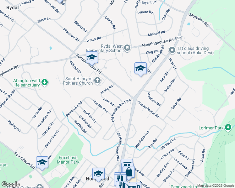 map of restaurants, bars, coffee shops, grocery stores, and more near 727 Elizabeth Road in Jenkintown