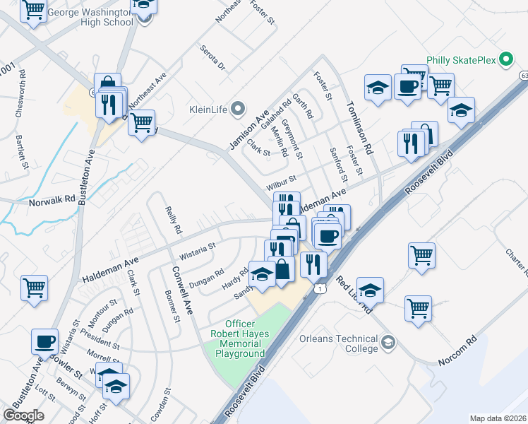 map of restaurants, bars, coffee shops, grocery stores, and more near 2086 Pennsylvania 63 in Philadelphia
