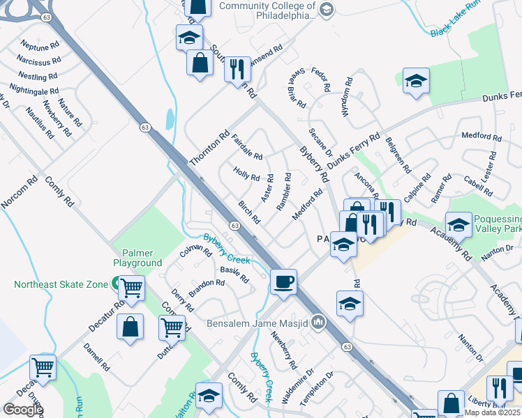 map of restaurants, bars, coffee shops, grocery stores, and more near 12123 Aster Road in Philadelphia