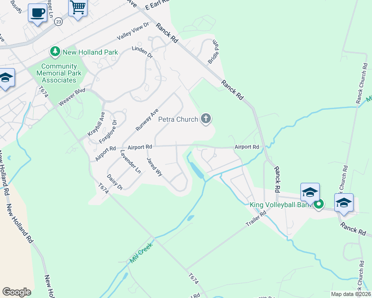 map of restaurants, bars, coffee shops, grocery stores, and more near 559 Airport Road in New Holland