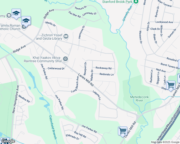 map of restaurants, bars, coffee shops, grocery stores, and more near 1512 Malibu Drive in Lakewood