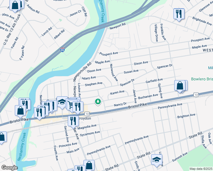 map of restaurants, bars, coffee shops, grocery stores, and more near 1101 Spencer Drive in Croydon