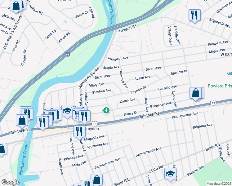 map of restaurants, bars, coffee shops, grocery stores, and more near 1101 Spencer Drive in Croydon