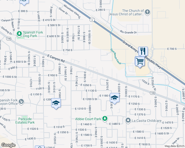 map of restaurants, bars, coffee shops, grocery stores, and more near 1910 East Canyon Road in Spanish Fork