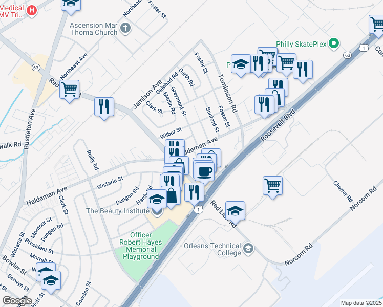 map of restaurants, bars, coffee shops, grocery stores, and more near 10135 Haldeman Avenue in Philadelphia