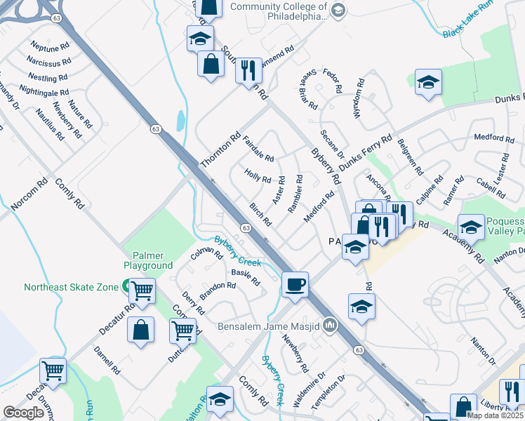 map of restaurants, bars, coffee shops, grocery stores, and more near 3219 Birch Road in Philadelphia