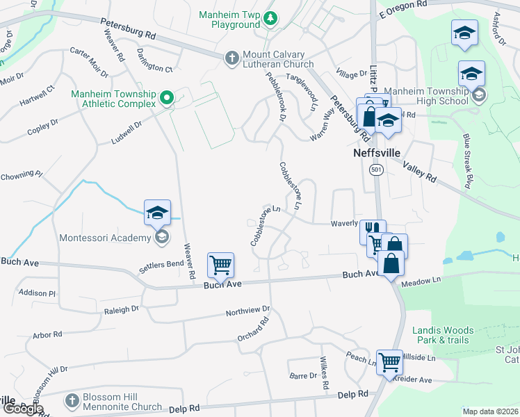 map of restaurants, bars, coffee shops, grocery stores, and more near 1018 Cobblestone Lane in Lancaster