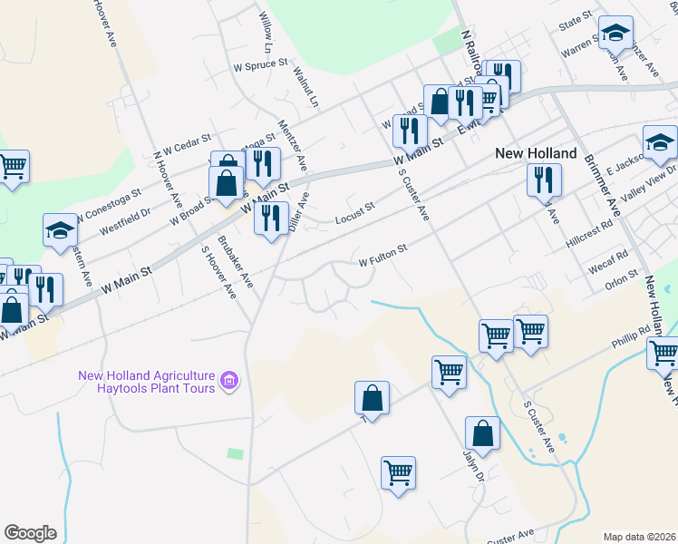 map of restaurants, bars, coffee shops, grocery stores, and more near 265 West Fulton Street in New Holland