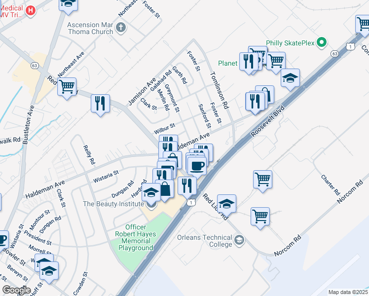 map of restaurants, bars, coffee shops, grocery stores, and more near 10135 Haldeman Avenue in Philadelphia