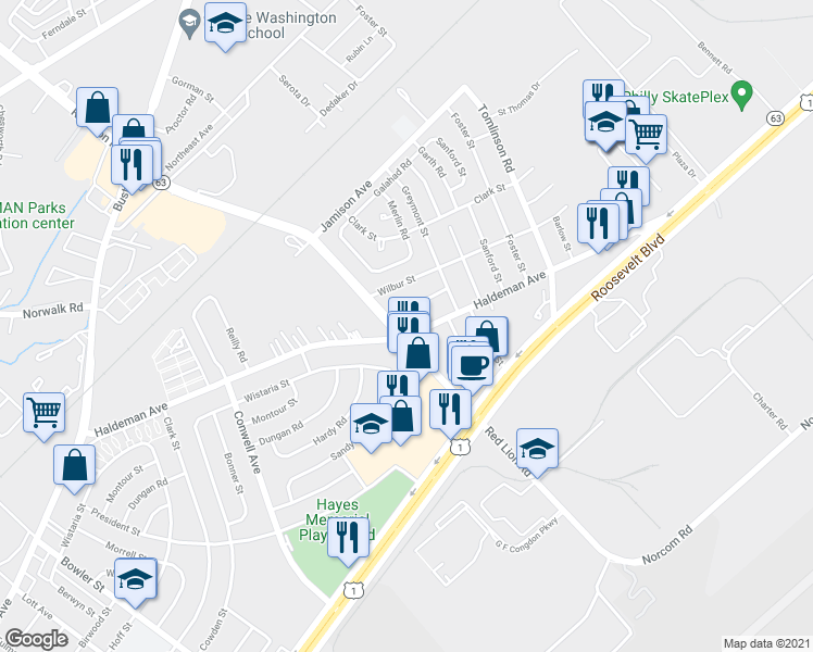 map of restaurants, bars, coffee shops, grocery stores, and more near 10109 Alexandra Lane in Philadelphia