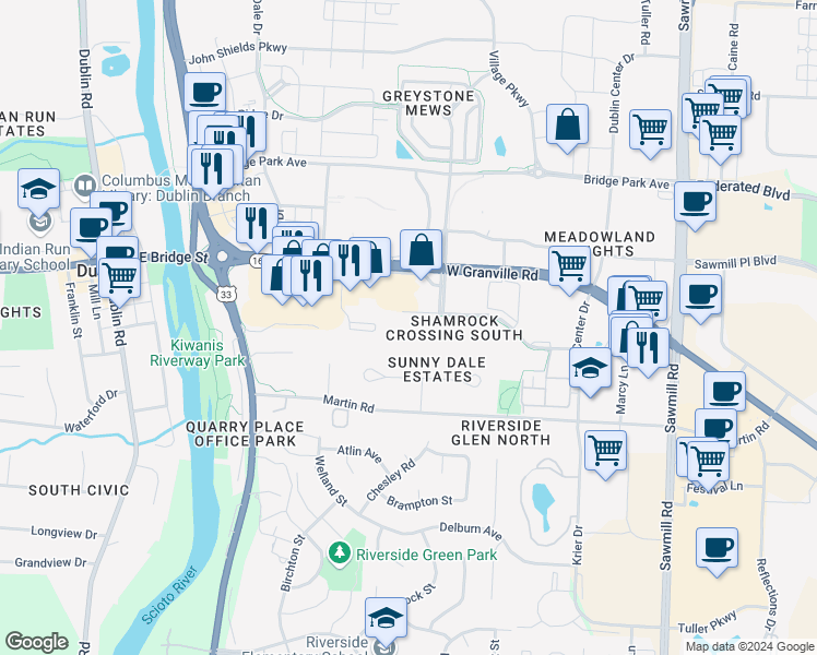 map of restaurants, bars, coffee shops, grocery stores, and more near 4209 West Dublin Granville Road in Dublin