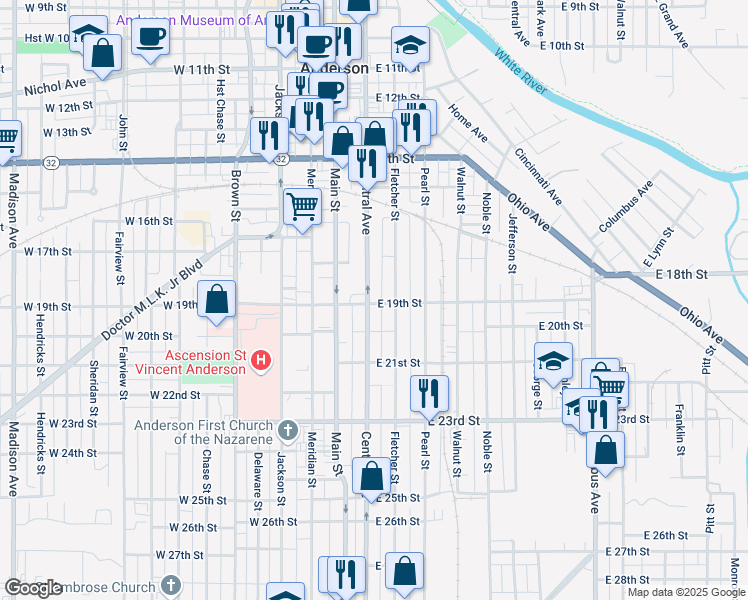 map of restaurants, bars, coffee shops, grocery stores, and more near 1809 Central Avenue in Anderson