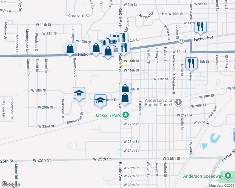 map of restaurants, bars, coffee shops, grocery stores, and more near 2508 West 18th Street in Anderson