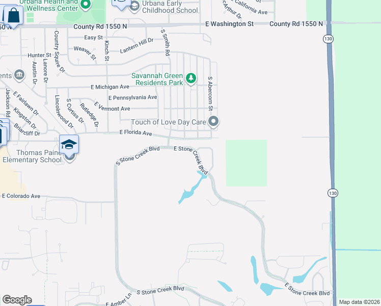 map of restaurants, bars, coffee shops, grocery stores, and more near 2722 East Stone Creek Boulevard in Urbana