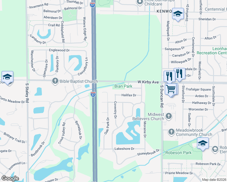map of restaurants, bars, coffee shops, grocery stores, and more near 1903A Oak Park Drive in Champaign