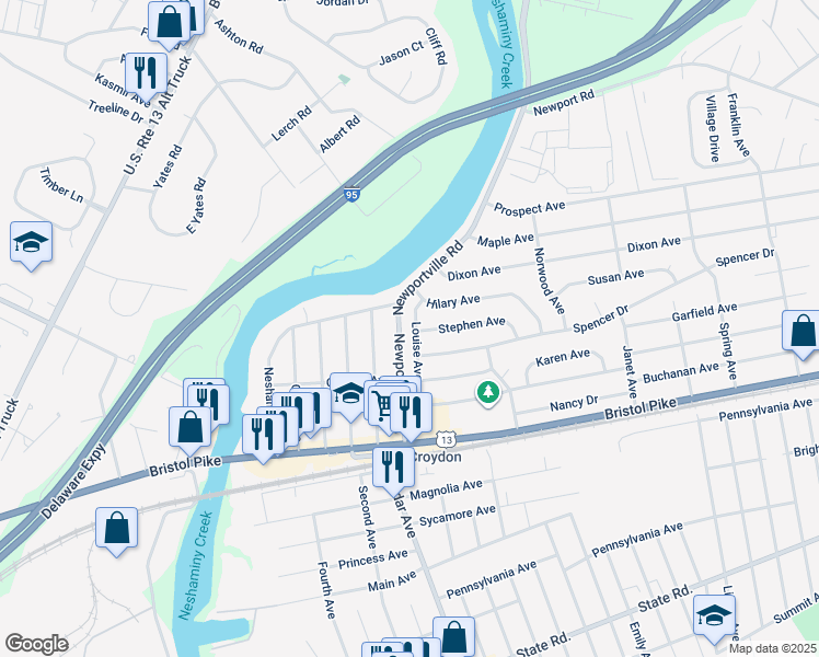 map of restaurants, bars, coffee shops, grocery stores, and more near 501 Louise Avenue in Croydon
