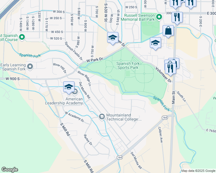 map of restaurants, bars, coffee shops, grocery stores, and more near 939 Sandy Lane in Spanish Fork