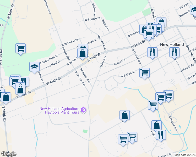 map of restaurants, bars, coffee shops, grocery stores, and more near 88 Diller Avenue in New Holland
