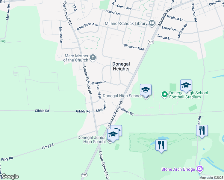 map of restaurants, bars, coffee shops, grocery stores, and more near 707 Kenneth Drive in Mount Joy