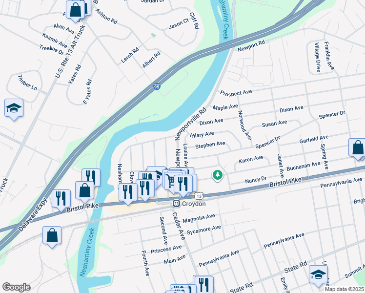 map of restaurants, bars, coffee shops, grocery stores, and more near 501 Louise Avenue in Croydon