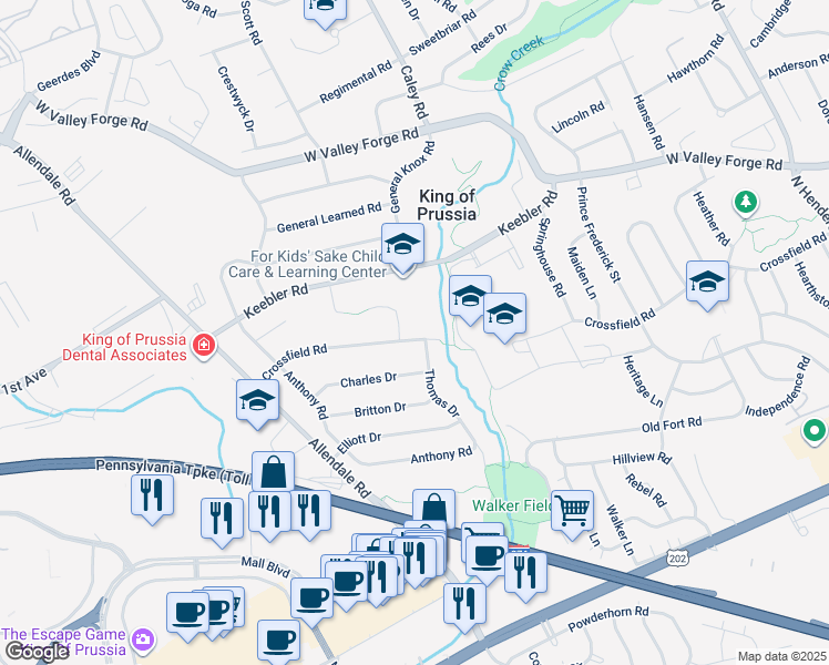 map of restaurants, bars, coffee shops, grocery stores, and more near 508 Crossfield Road in King of Prussia
