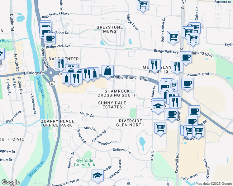 map of restaurants, bars, coffee shops, grocery stores, and more near 4175 Stoneridge Lane in Dublin