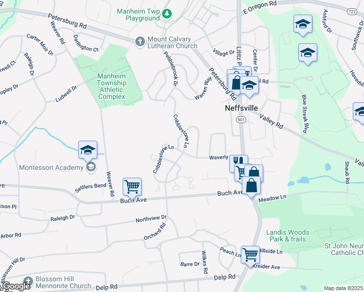 map of restaurants, bars, coffee shops, grocery stores, and more near 1222 Cobblestone Lane in Lancaster