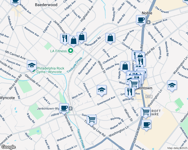 map of restaurants, bars, coffee shops, grocery stores, and more near 311 Hillside Avenue in Jenkintown