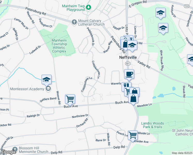 map of restaurants, bars, coffee shops, grocery stores, and more near 1222 Cobblestone Lane in Lancaster