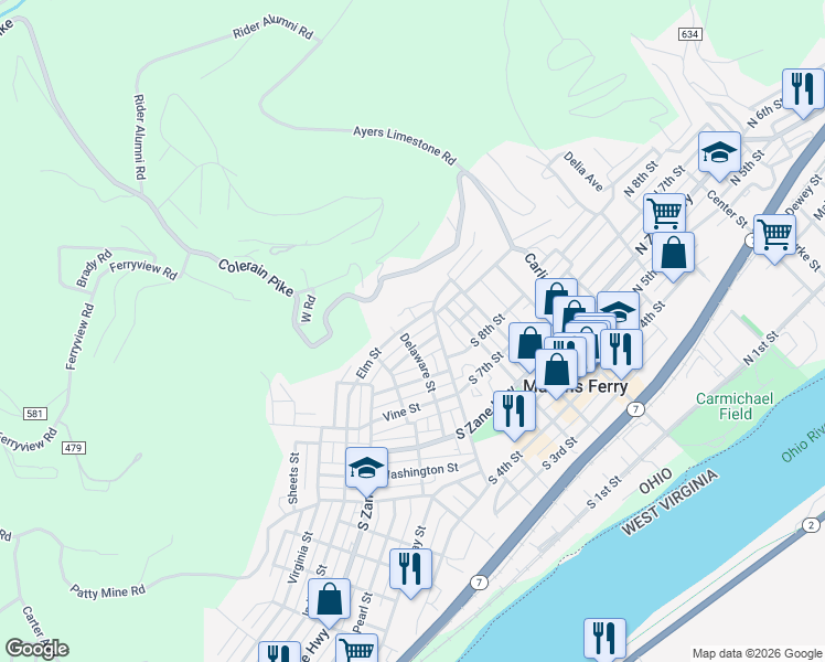 map of restaurants, bars, coffee shops, grocery stores, and more near 427 Elm Street in Martins Ferry