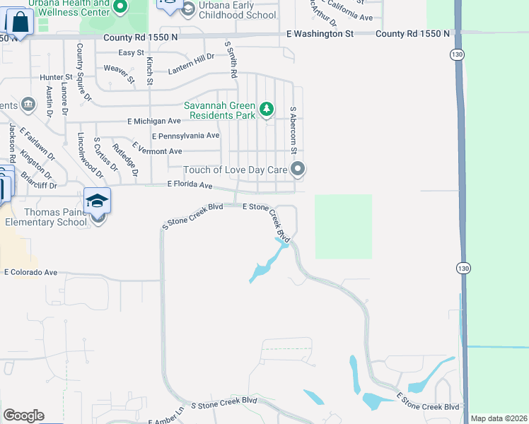 map of restaurants, bars, coffee shops, grocery stores, and more near 2722 East Stone Creek Boulevard in Urbana