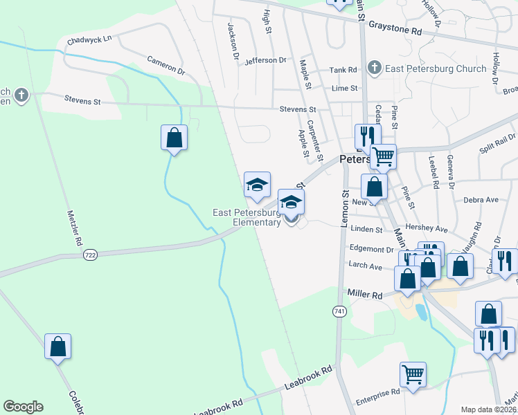 map of restaurants, bars, coffee shops, grocery stores, and more near 1575 State Street in East Petersburg