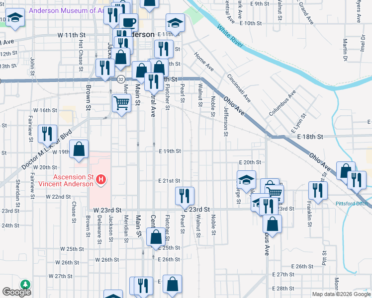 map of restaurants, bars, coffee shops, grocery stores, and more near 1828 Pearl Street in Anderson