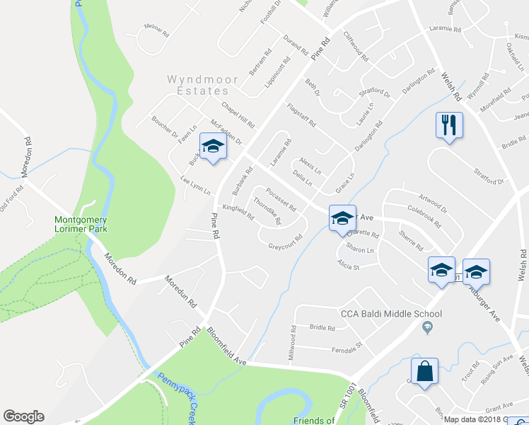map of restaurants, bars, coffee shops, grocery stores, and more near 116 Thorndike Road in Philadelphia