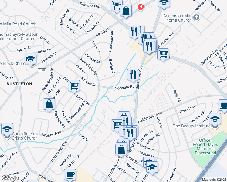 map of restaurants, bars, coffee shops, grocery stores, and more near 1224 Norwalk Road in Philadelphia