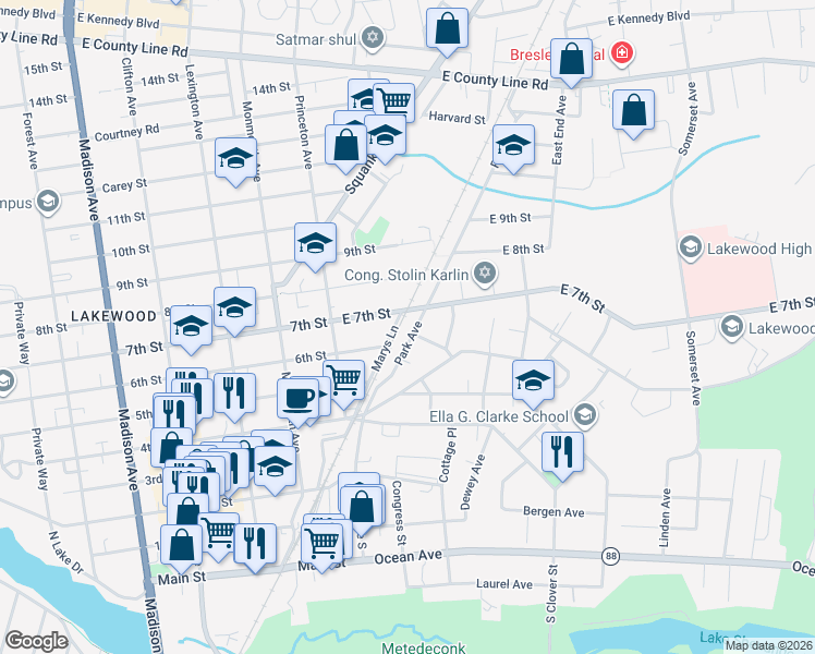 map of restaurants, bars, coffee shops, grocery stores, and more near 53 East 7th Street in Lakewood