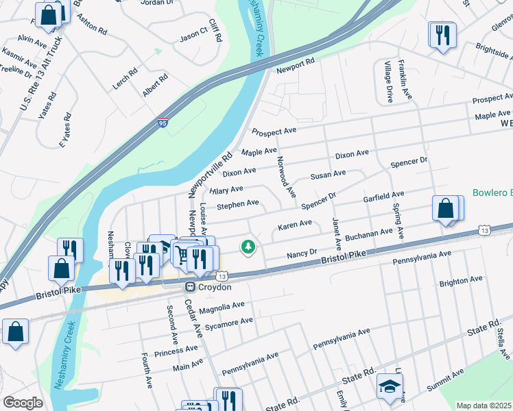 map of restaurants, bars, coffee shops, grocery stores, and more near 1006 Stephen Avenue in Croydon