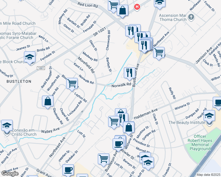 map of restaurants, bars, coffee shops, grocery stores, and more near 1224 Norwalk Road in Philadelphia