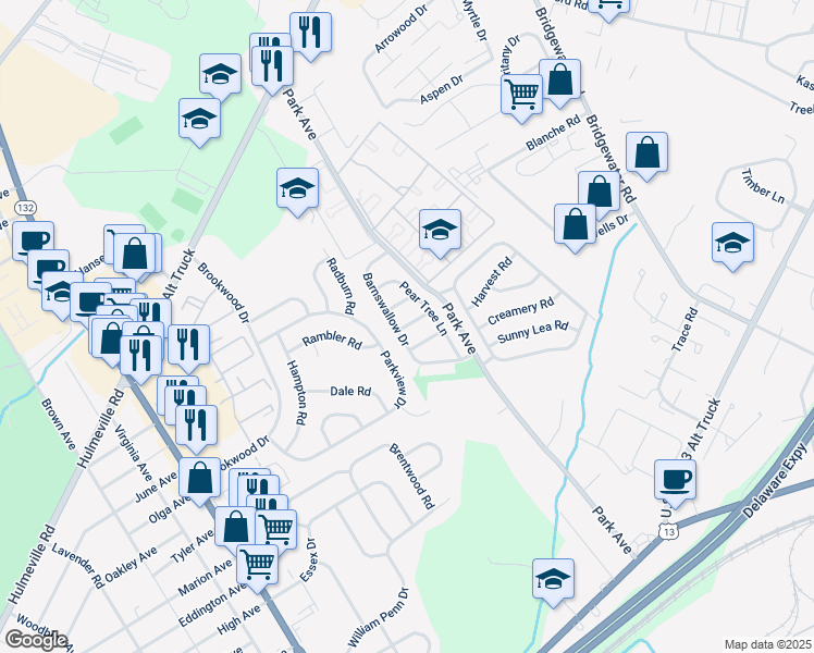 map of restaurants, bars, coffee shops, grocery stores, and more near 3603 Big Barn Lane in Bensalem