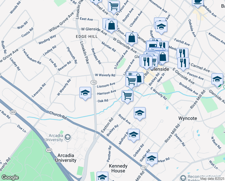 map of restaurants, bars, coffee shops, grocery stores, and more near 300 Harrison Avenue in Glenside