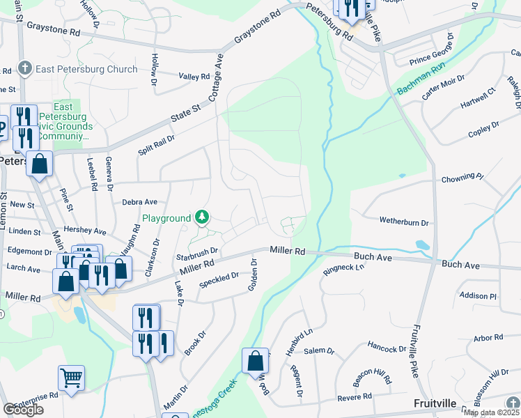 map of restaurants, bars, coffee shops, grocery stores, and more near 823 Founders Way in East Petersburg