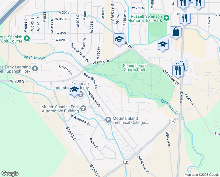 map of restaurants, bars, coffee shops, grocery stores, and more near 652 Sandy Lane in Spanish Fork