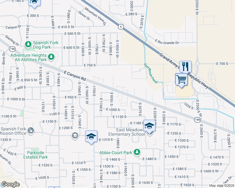 map of restaurants, bars, coffee shops, grocery stores, and more near 1890 East Canyon Road in Spanish Fork